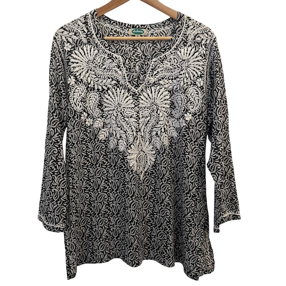 Dolma Embroidered Tunic Top M Paisley Bohemian Resort Cotton Voile Beach Black